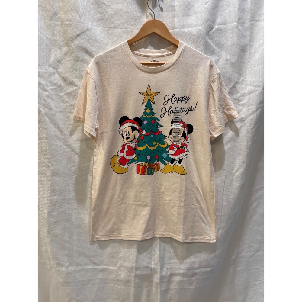 Disney Mickey Minnie Mouse Christmas T-Shirt‎ Cream Happy Holidays
